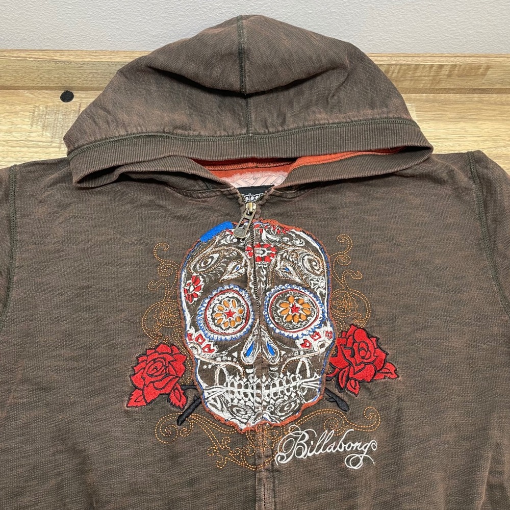 Billabong Skull Rose Zip Up Hoodie Brown‎ Women's Large *READ*